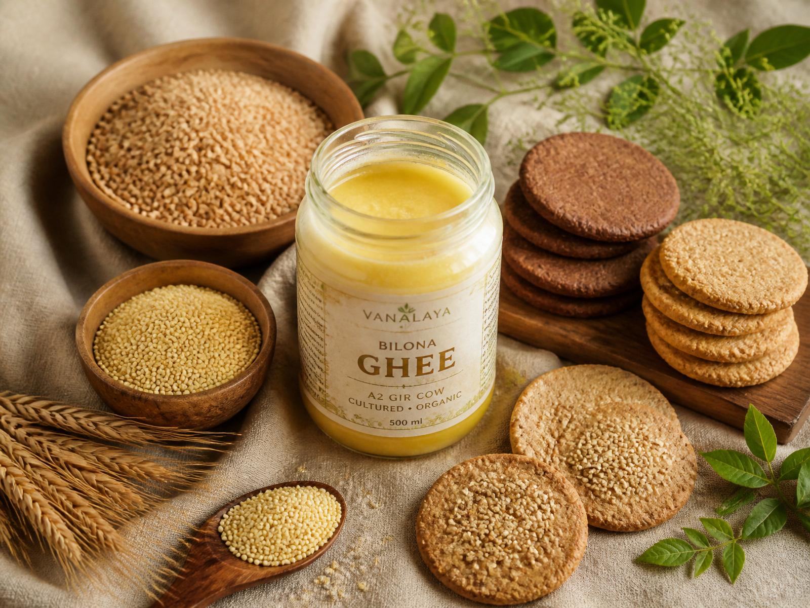 Bilona ghee, millet grains, and handmade biscuits on linen