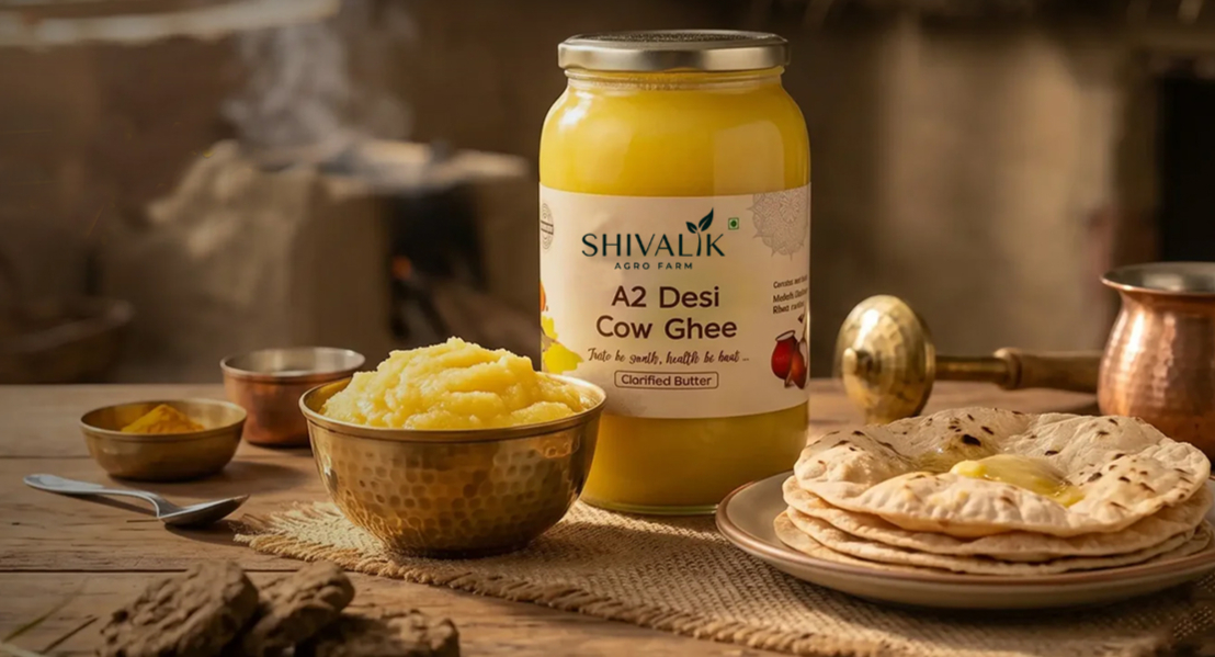 Bilona ghee, millet grains, and handmade biscuits on linen